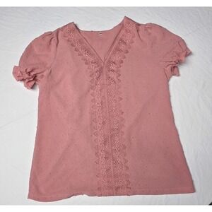 Women's Pink Textured With Lace V-neck Pullover Shirt Size Large